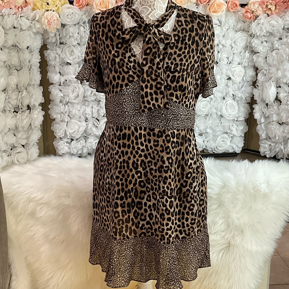 Michael Kors Leopard Print Tie-Neck Ruffle Dress